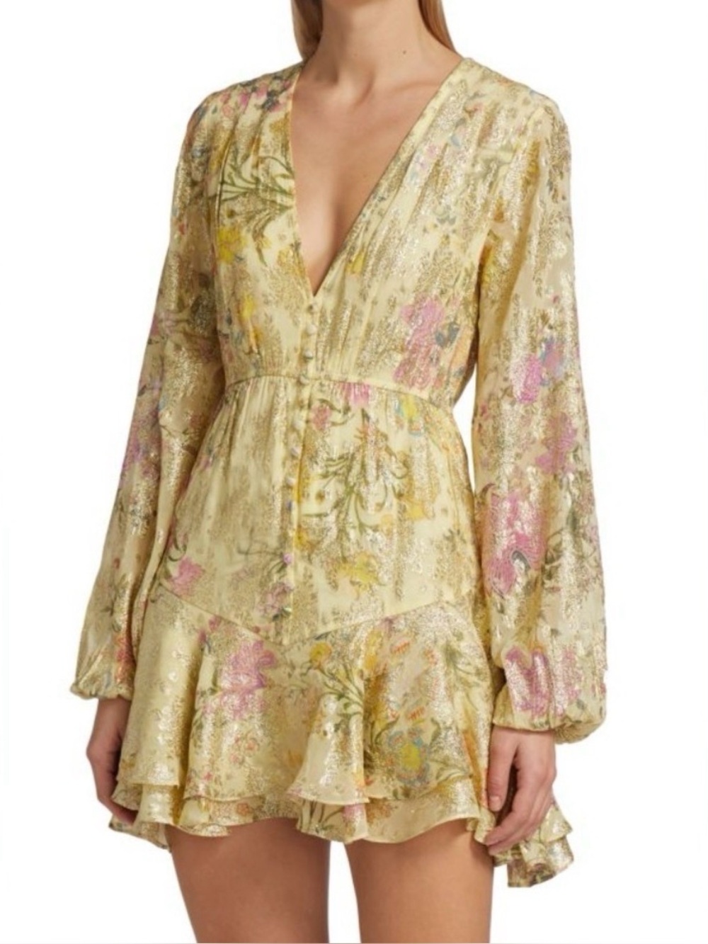 HEMANT & NANDITA Pale Yellow Metallic Floral V-Neck Mini Dress